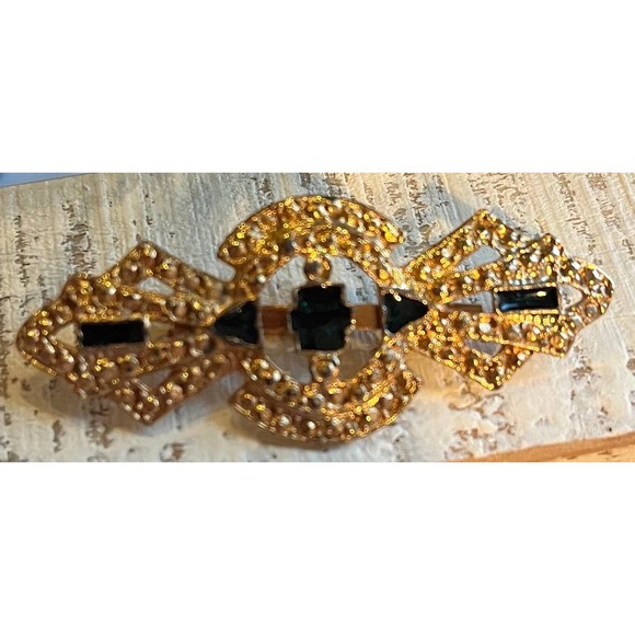 Black and Gold Costume Brooch Glass Beaded Pin Clothing Accessory Scarf Jewelry - Picture 3 of 7